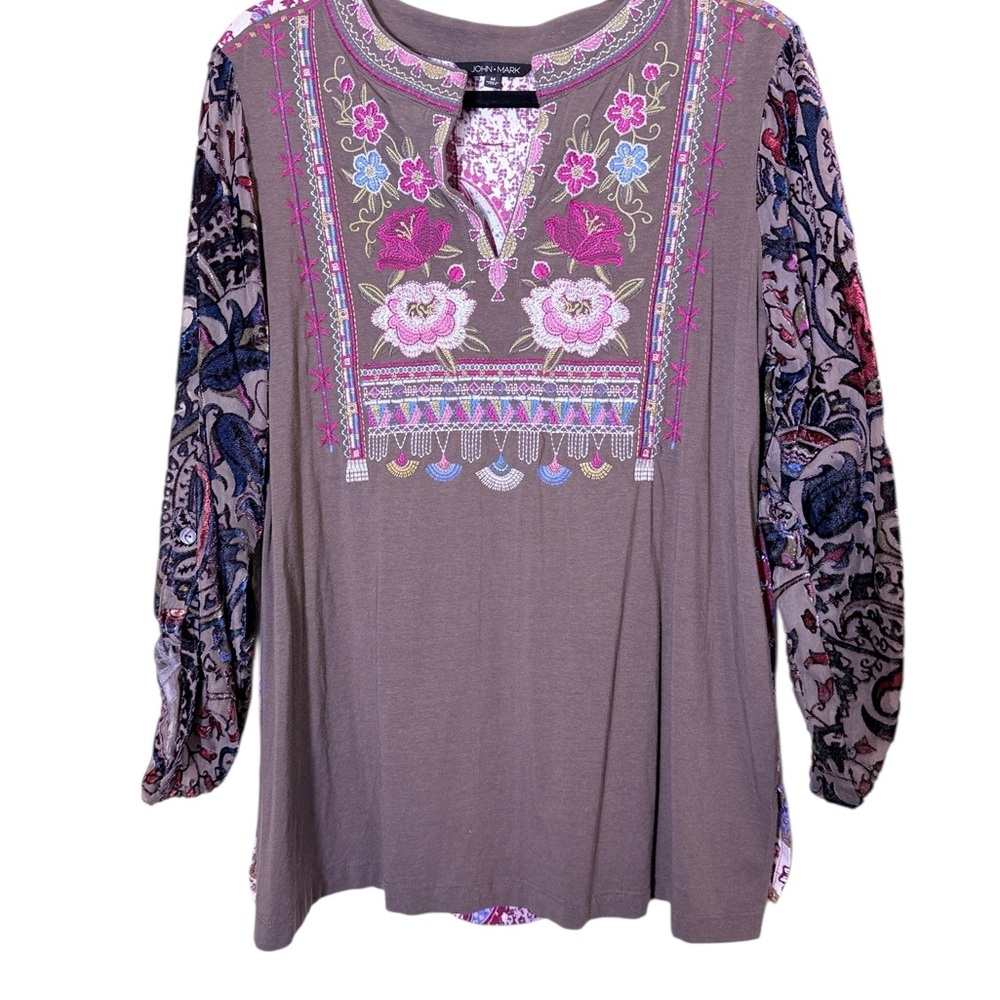 John Mark Women’s Multicolor Mixed Media Boho Velvet Embroidered Tunic Sz M